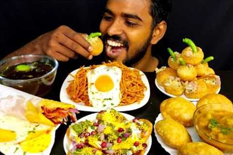 Eating Indian Street Food Pani puri/golgappe Papri chaat Kachori Noodles Egg Roll eating video ASMR