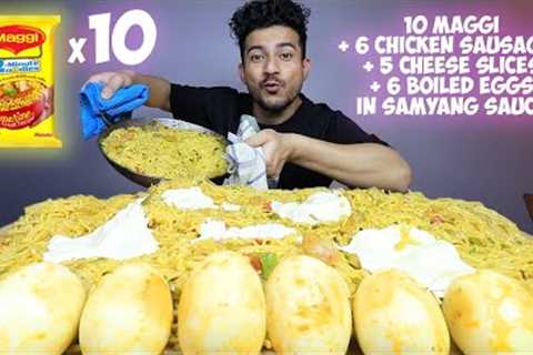 10 MAGGI WITH 6 CHICKEN SAUSAGES, 5 CHEESE SLICES, 6 BOILED EGGS IN SAMYANG SAUCE