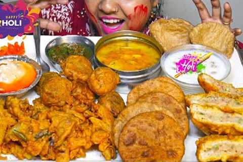 Eating Holi Special Food ❤️ Aloo Pyaaz Pakore, Bread Pakoda, Kheer, Poori, Kachori Mukbang 🔥 ASMR