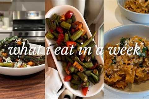 what i eat in a week plant-based/vegan | Red Pepper Pasta, Fried Okra, Sheet Pan Meal, Lavender Milk