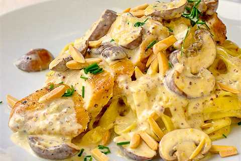 Dijon Chicken Linguine with Crimini Mushrooms and Toasted Almonds