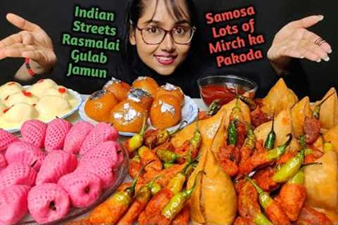Eating Samosa, Mirch ke pakode, Sweets | Big Bites | Asmr Eating | Mukbang | Indian Sweets Asmr