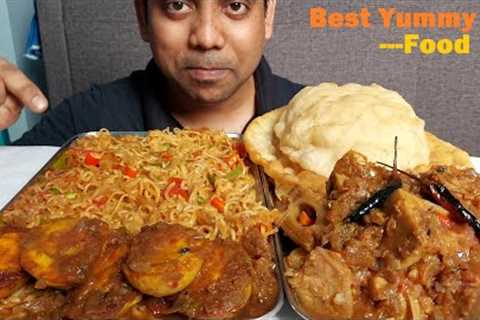 Mutton Masala Veg Masala Noodles , Egg Curry and Puri Mukbang Show with Recipe