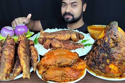 SPICY BIG FISH CURRY, ROHU FISH HEAD CURRY, SMALL FISH FRY, RICE, SALAD ASMR MUKBANG EATING SHOW ||