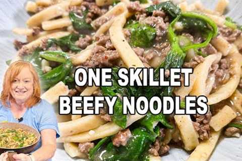 Just ONE SKILLET BEEFY NOODLES, A Fast Easy Ground Beef Meal Idea