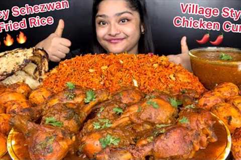 VILLAGE STYLE CHICKEN CURRY WITH SCHEZWAN CHICKEN FRIED RICE,DRY EGG CURRY WITH GARLIC NAAN |MUKBANG