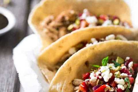 Shredded Chicken Tacos with Balsamic Strawberry Salsa {Whole Wheat. High Protein + Super Simple}