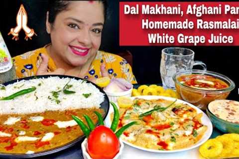 EATING DAL MAKHANI, AFGHANI PANEER, RICE, RAS MALAI, GRAPE JUICE | Indian Veg Mukbang
