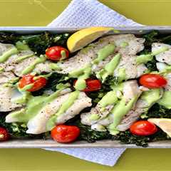 Sheet Pan Cod with Roasted Kale and Green Goddess Dressing
