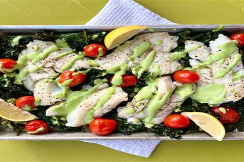 Sheet Pan Cod with Roasted Kale and Green Goddess Dressing